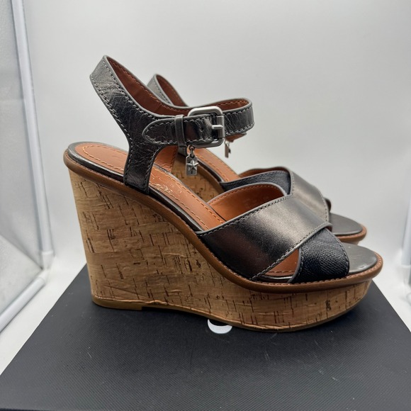 Coach Charcoal Gunmetal Cross Wedge Sandals Size 7B Cork Platform Heels - Picture 1 of 8